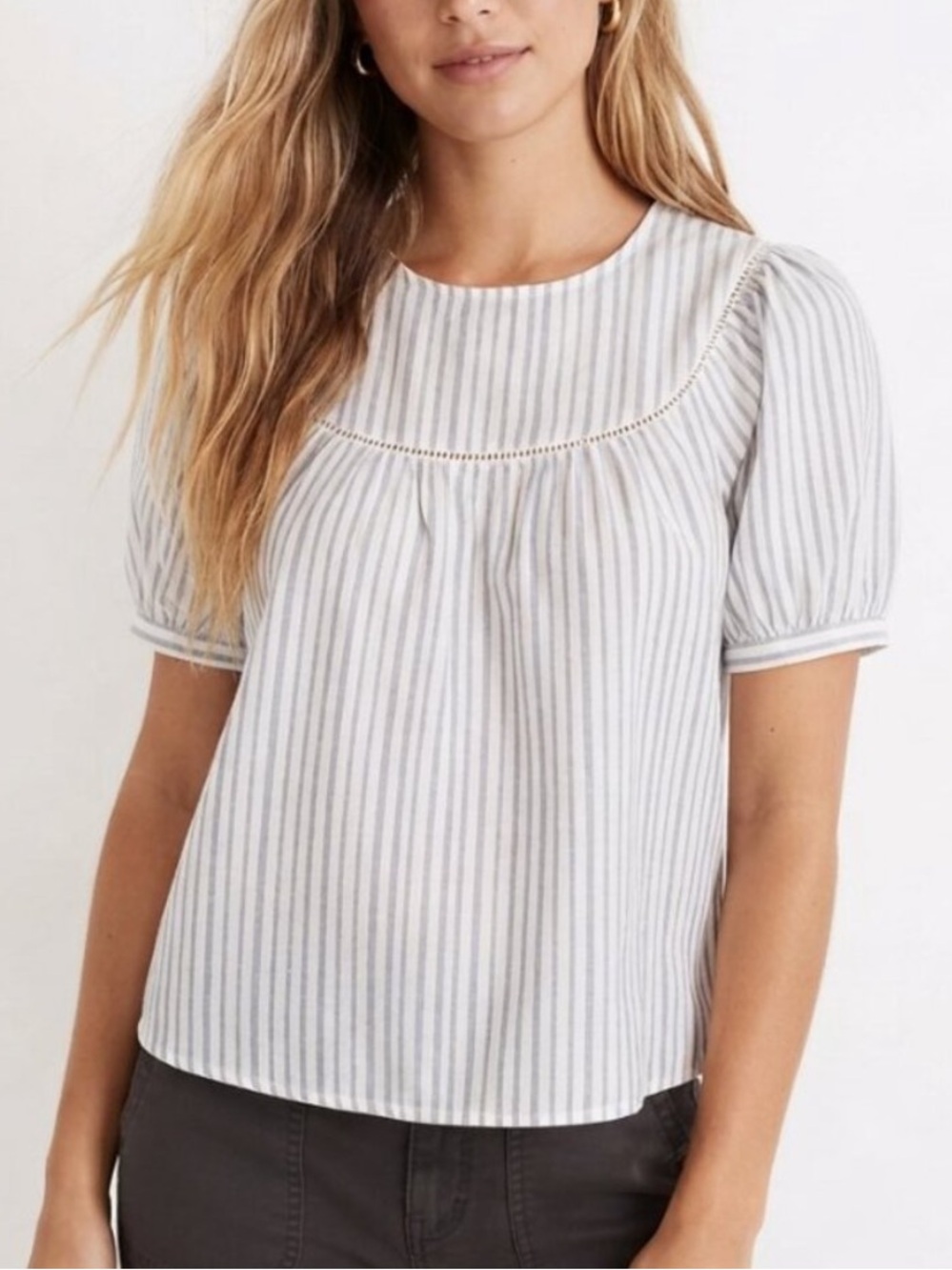 Madewell Irregular Stripe Nice Blue Yoked Puff-Sleeve Top Medium 40012
